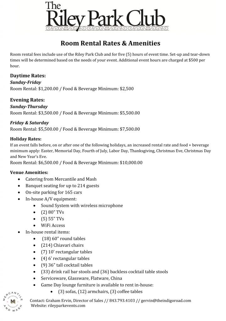 Riley Park Club- Rates 2019